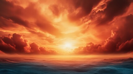 Fototapeta premium An awe-inspiring sunset over the ocean, casting vibrant orange and red hues across a dramatic sky filled with clouds.