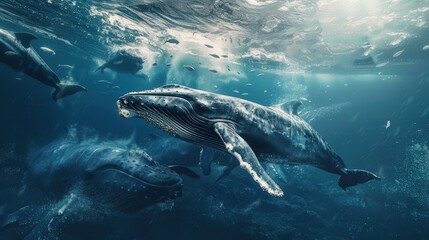 Fototapeta premium A whale is swimming in the ocean with other whales