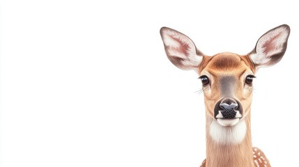 Fototapeta premium Close-up portrait of a young deer with soft fur and gentle eyes, showcasing its unique features and natural beauty.