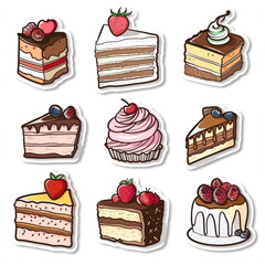 Collection sticker of cake, white background, vector illustration