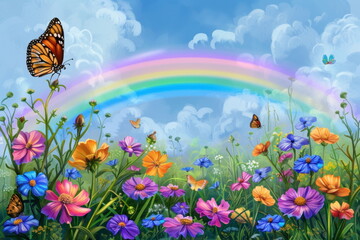 Fototapeta premium garden drawing with rainbow, beautiful flowers with butterfly, autumn, illustration