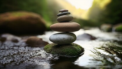piles of stones with a calm river flowing in the background