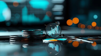 Business Growth  Financial Success  Investment Strategy  Magnifying Glass  Coins  Bar Chart  Data Analysis  Blue and Orange Lights  Concept of Wealth