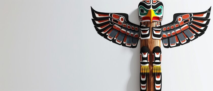 A wooden totem pole with a bird on top