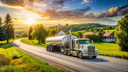 A large fuel tanker truck drives down a rural road, delivering gasoline to a small town's only fueling station on a sunny summer afternoon.
