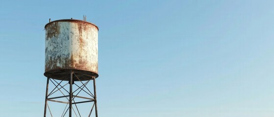 A rusted water tower sits in a field on a clear day