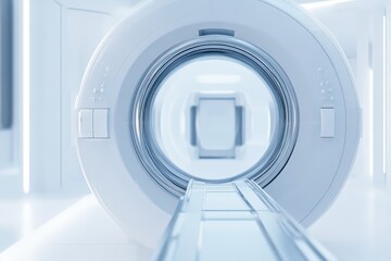 Futuristic medical imaging machine in a sleek, modern environment, showcasing advanced technology and bright white aesthetics.