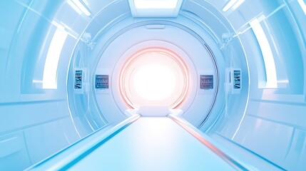 Obraz premium Futuristic medical imaging room with bright light and sleek design, showcasing advanced technology for diagnostics and healing.
