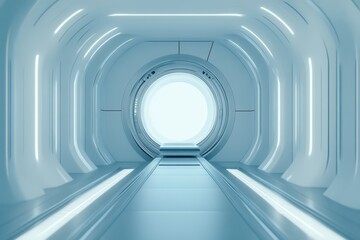 Obraz premium Futuristic tunnel with a bright entrance, featuring sleek lines and illuminated surfaces, perfect for sci-fi themes and digital art.