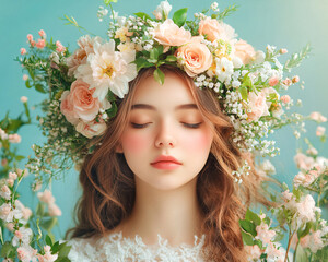 A woman wearing a flower crown with a pink and white flower arrangement. She has a peaceful and serene expression on her face