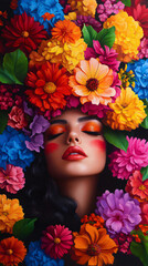 A woman's face is surrounded by a colorful flower arrangement. The flowers are in various colors, including red, yellow, and purple. The arrangement is very vibrant and lively