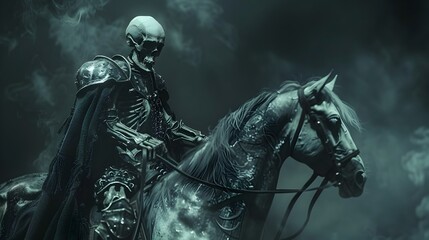 Fototapeta premium Skeleton Knight Mounted on a Ghostly in Dark Regal Attire Concept