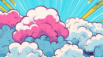 Fototapeta premium A vibrant illustration of stylized clouds in pink and blue with rays of light.