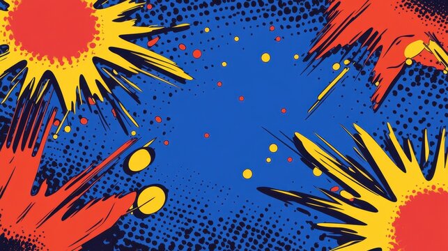 A vibrant graphic design featuring colorful bursts and dots on a blue background.