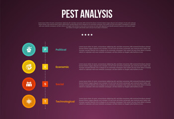 PEST analysis infographic template with dark gradient background style with vertical timeline circle style 4 point for slide presentation