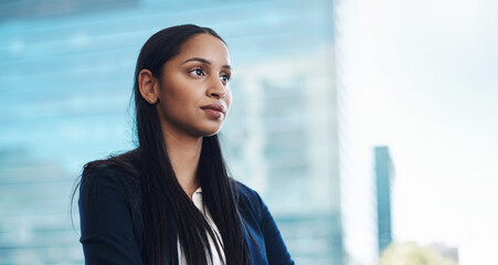 Woman, thinking and opportunity in city for business and future career or goal in company....