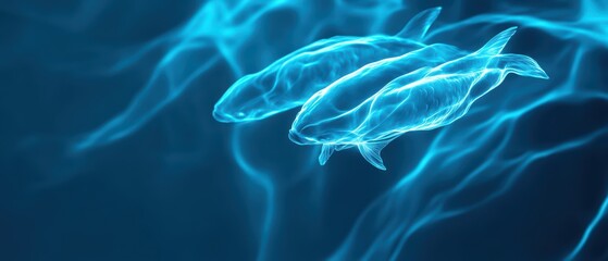 Obraz premium Two luminous fish swim gracefully in a tranquil blue underwater scene, creating an enchanting and serene atmosphere.