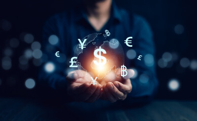 Businessman hand hold bitcoin and icon of business network on White background. bitcoin cryptocurrency ideas concept and virtual financial chart diagram, Digital symbol of a new virtual currency