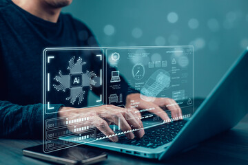 Programmer people working laptops or smartphones with AI, artificial intelligence software engineer coding on laptop computers with technology icons and binary code, big data, Ai bot digital machine