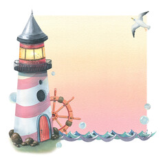 The sea lighthouse is striped with a steering wheel flying a seagull, waves and bubbles of water. Watercolor illustration drawn by hand. Template, a frame with a coral background isolated.