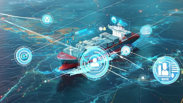 A futuristic cargo ship connected through digital networks, symbolizing advanced maritime technology and global trade.