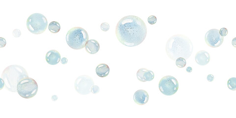 Blue water bubbles of different sizes and tones in a chaotic order. Watercolor illustration drawn by hand. Seamless border, pattern, endlessly repeating ornament, on a white background.