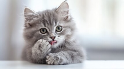 Cute Gray Kitten Licking Its Paw.