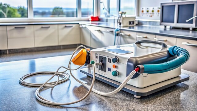 A life-saving medical device with metal paddles and electrical cords, used to restore a normal heartbeat in emergency situations, sits on a hospital countertop.
