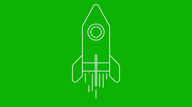 Animated white rocket flying fast. Linear symbol. Concept of startup, investment, progress, speed. Looped video. Line vector illustration isolated on green background.
