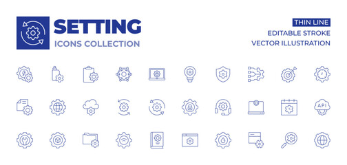 Setting icons collection. Thin Line icons, editable stroke. settings, setting, documentation, network, assistance, cloud computing, gear, update, wifi, manual book