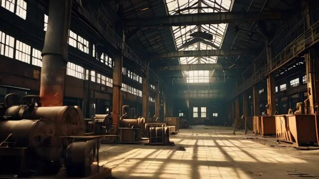 Rustic Factory Interior: The interior of an old industrial factory with large, rusty machines and high ceilings.