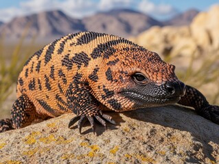 A striking lizard basking on a sunlit rock, showcasing unique patterns and vibrant colors against a scenic desert backdrop.