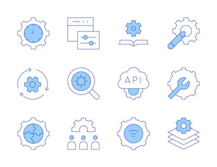 Setting icons. Line Duotone style, editable stroke. settings, api, layers, web settings, setup, book, wifi