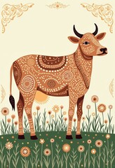 Decorative brown cow standing among flowers in a whimsical countryside landscape design