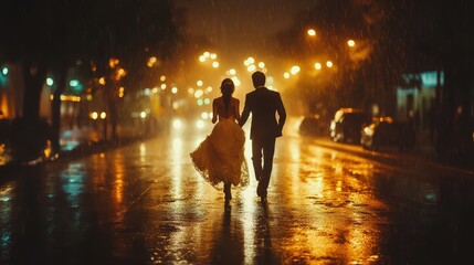 Happy Wedding couple dancing and running in the rain,city night,Young joyful bride and groom emotionally dancing on road,honeymoon and romantic night,valentine,sweet moment,copy space.
