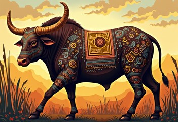 Fototapeta premium Decoratively painted bull walking through a vibrant landscape at sunset