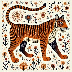 Obraz premium Colorful tiger walking among floral patterns in a whimsical, artistic design