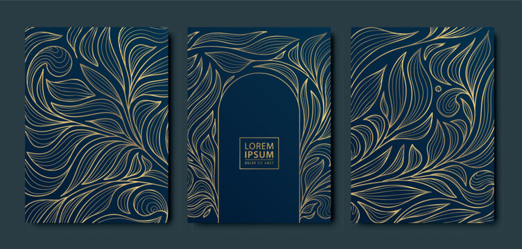 Vector set of art deco flourish leaves ornaments with arch. Vintage japanese luxury borders, frames, covers and labels. Nouveau wedding gold and black floral patterns.