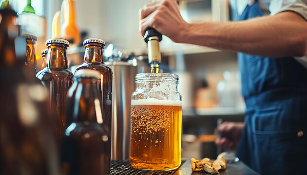 A home brewing setup featuring equipment like fermenters, bottles, and brewing ingredients. The scene includes a person or people actively engaged in the brewing process, highlighting the hands-on nat