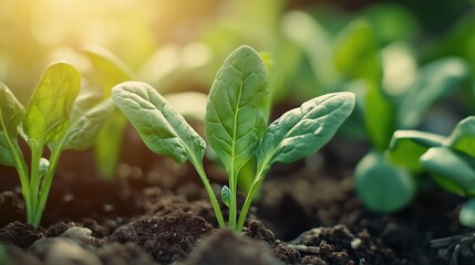 Young spinach plants emerging from rich soil in a garden during early morning light