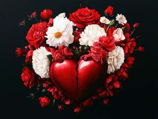 A cracked red heart surrounded by vibrant flowers symbolizes love and heartbreak.