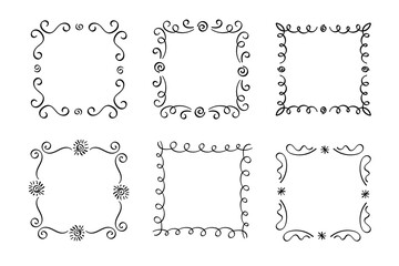 Square doodle frames ,hand-drawn monograms.Edgings and cadres with simple sketchy design elements.Isolated. Vector illustration.