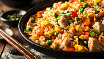 Close-up of a plate of fried rice with chicken, peas, carrots, and bell peppers.