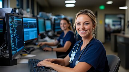 Hospital staff working at computers in the nurses station.