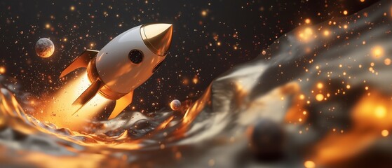 Cute Cartoon 3D Spaceship Rocket Launch in Space-Themed Scene with Fast, Secure, Efficient Internet, Featuring Seamless Connectivity, Smart Technology, High Performance, and Concept Background