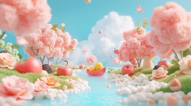 Fruit and farm products advertisement, light blue sky. The ground is covered with grass, trees, roses, and obviously some big wild mushrooms.