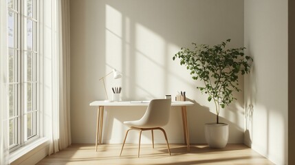 Minimalist workspace nook, simple white desk with a modern lamp and a small plant, clean lines, light wooden flooring, natural light from a nearby window, uncluttered and functional design