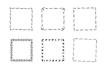 Square doodle frames ,hand-drawn monograms.Edgings and cadres with simple sketchy design elements.Isolated. Vector illustration.