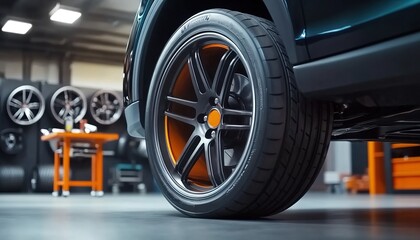 A close-up of the tire and wheel on an SUV, set against the backdrop of garage equipment like jacks and tires in bright orange and black colors. 