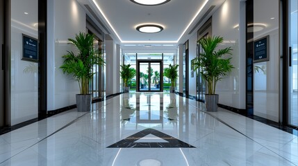 Hospital entrance with automatic doors and a clean, modern design.